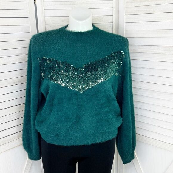 Nine West x Cara Santana Sweater Sequin Fuzzy Teal Green XXL Pullover - Picture 1 of 13